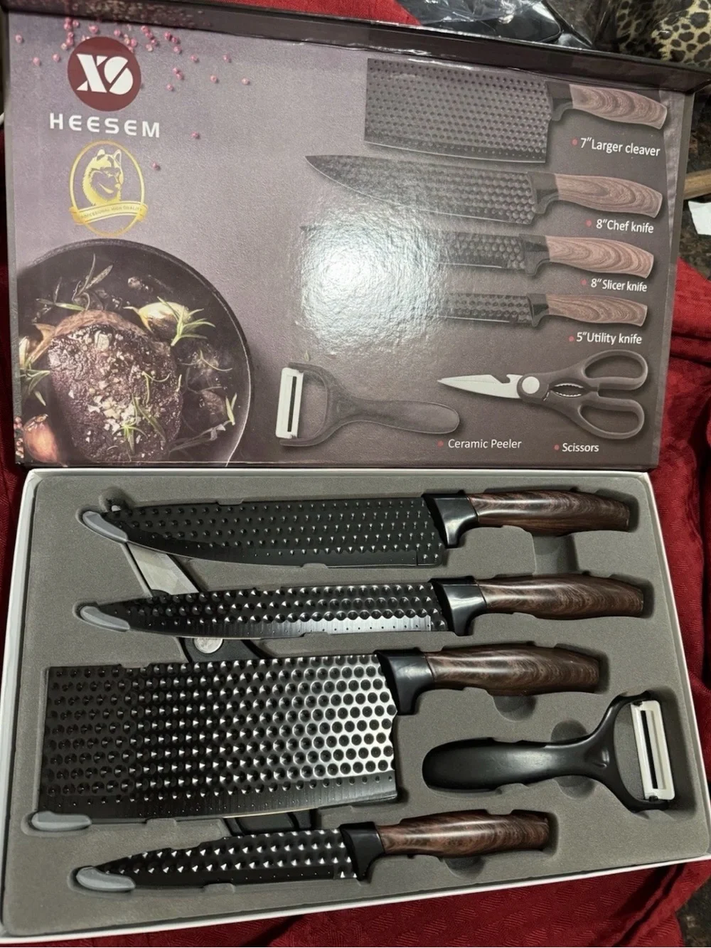 6-Piece Black Blade Knife Set with scissors Wood-Effect Handles and Peeler